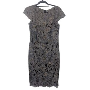 NWT Tadashi Shoji Rose Motif Lace Metallic Cocktail Dress Size 8